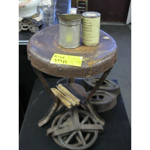 COLLECTABLE SM. STOOL, SAD IRON, ANTIQUE CLOTHESLINE WHEELS, ETC.