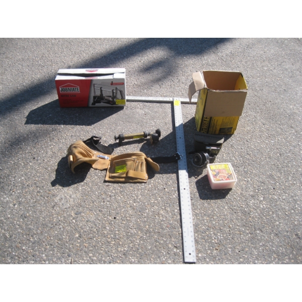 MITER SAW & BOX, T SQUARE, NAIL POUCH, ETC.