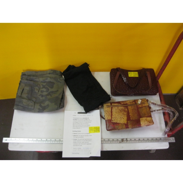 NEW PURSES & PAIR OF CAMMO SHORTS (SZ 34), ETC.