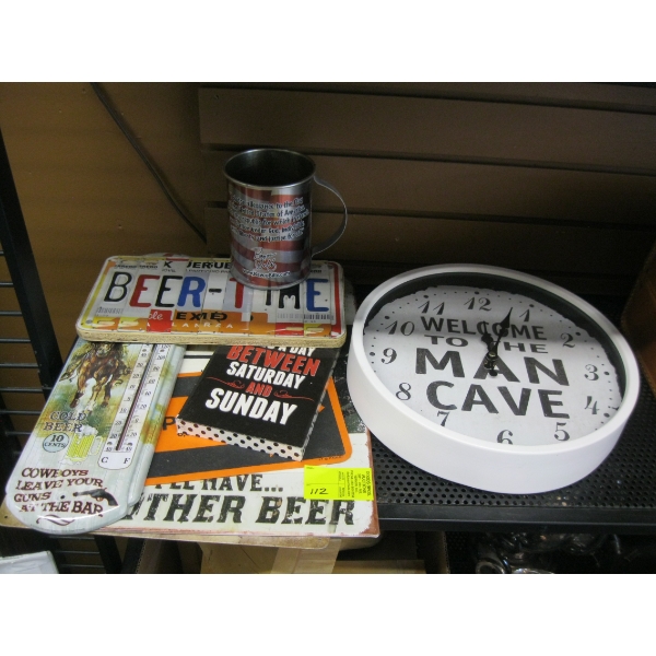 MAN CAVE ITEMS - SIGNS, CLOCK, LICENCE PLATE, ETC.