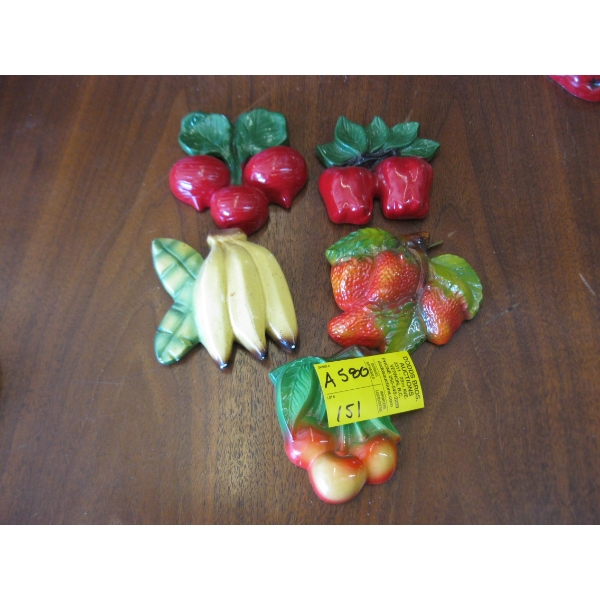 5 VINTAGE FRUIT/VEG CHALKWARE WALL HANGINGS