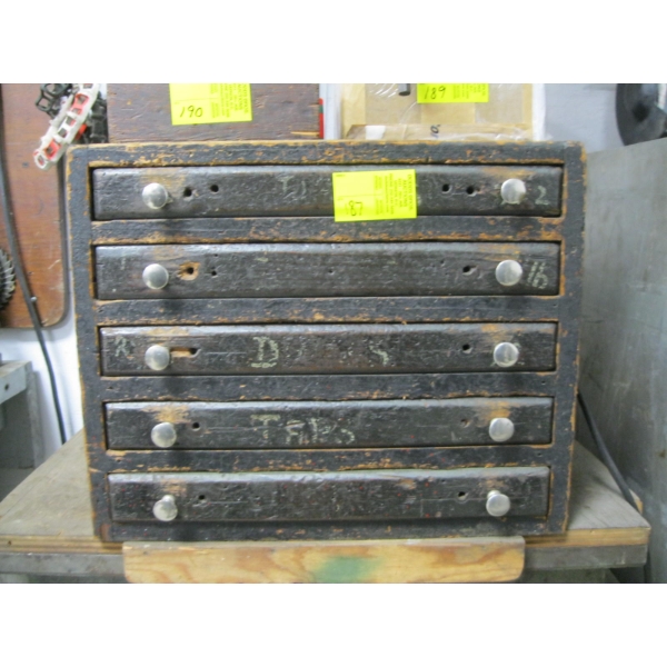 WOODEN 5 DRAWER CABINET W/ASST. BITS, TAPS, DRILLS, ETC.