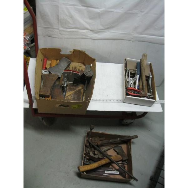 3 BOXES OF MISC. TOOLS, AXE HEADS, HAMMERS, PIPE WRENCHES, ETC.