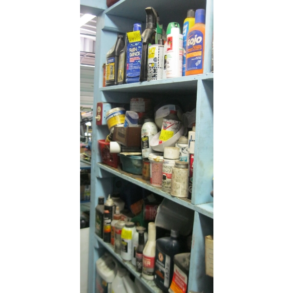 3 SHELVES OF ASST. OILS, CLEANERS, ETC.