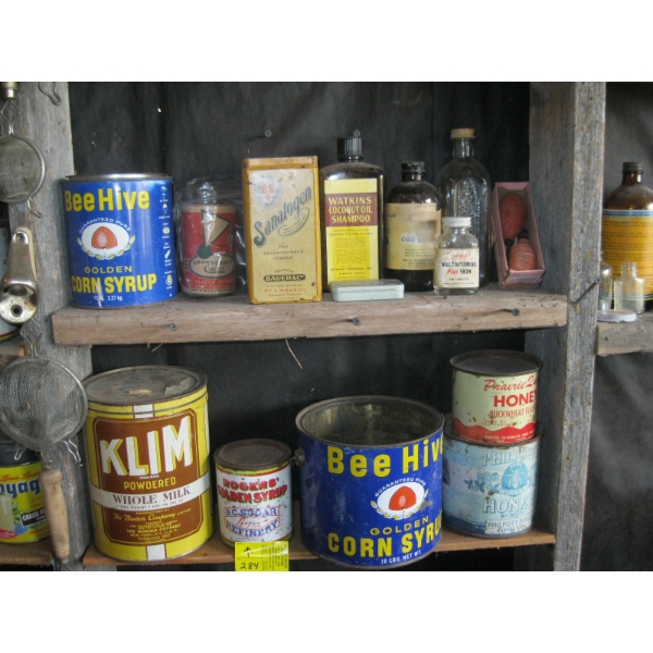 ASST. COLLECTOR TINS, JARS, BOTTLES, ETC.