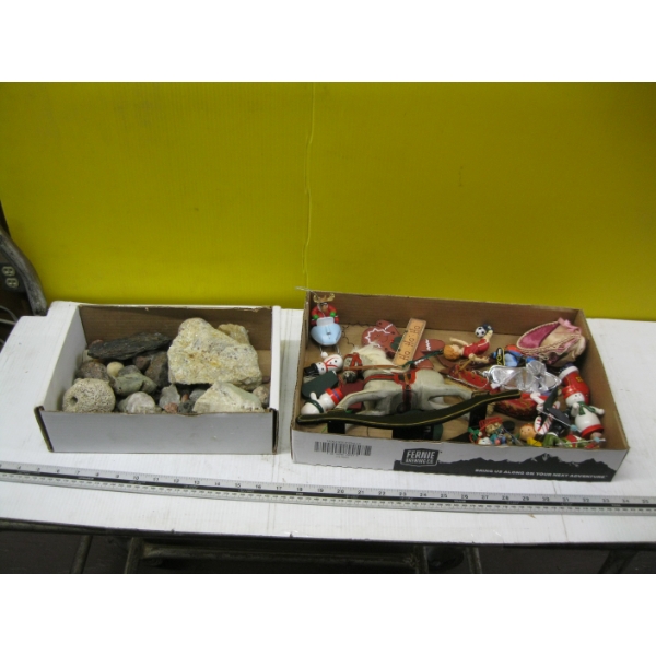 MISC. CHRISTMAS TREE ORNAMENTS & BOX OF ROCKS