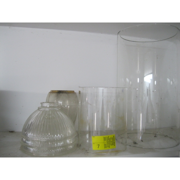 3 GLASS SHADES, 2 BATTERY GLASSES