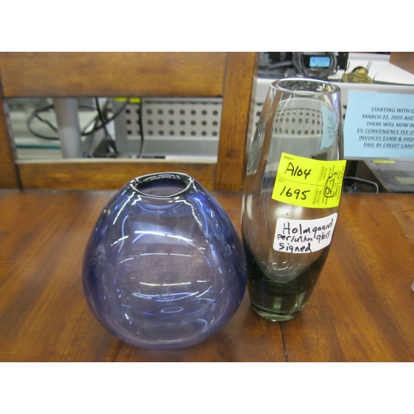 2 GLASS MCM VASES, PER LUTKEN SIGNED, BLUE DROP, HOLMGAARD