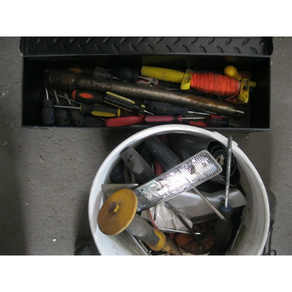 PAIL OF MISC. TOOLS & BLACK TOOLBOX W/CONTENTS