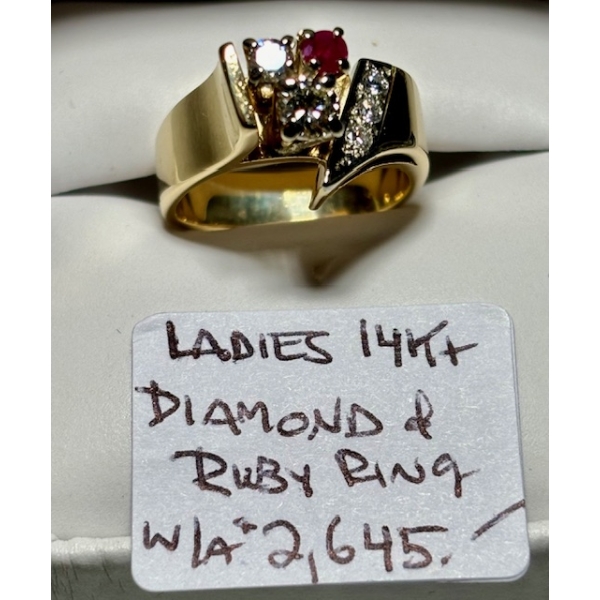 LADIES 14KT DIAMOND & RUBY RING W/A $2,645, SZ 6