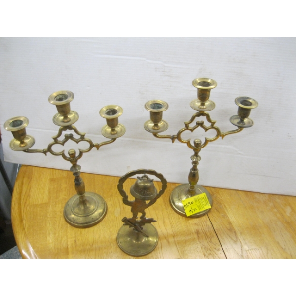 2 BRASS CANDLESTICKS & A BRASS BELL
