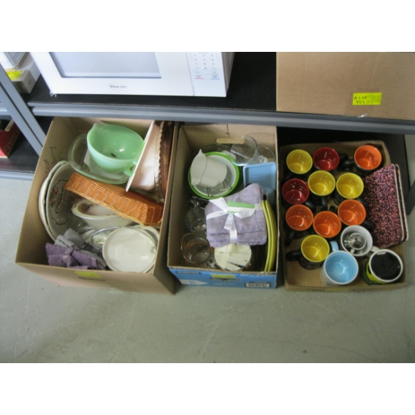 3 BOXES OF MISC. DISHWARE, COFFEE CUPS, FACECLOTHS, ETC.