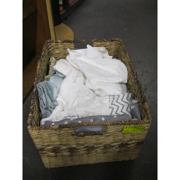 BASKET OF MISC. BEDDING, ETC.