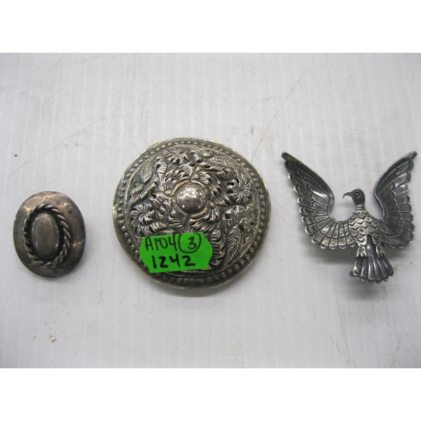 3 SILVER PIECES - BELT SLIDE ON, EAGLE PIN, ETC.