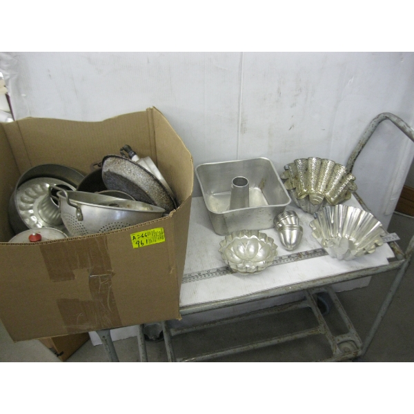 ASST. VINTAGE BAKING TINS, CAST IRON POT, SCALE, ETC.