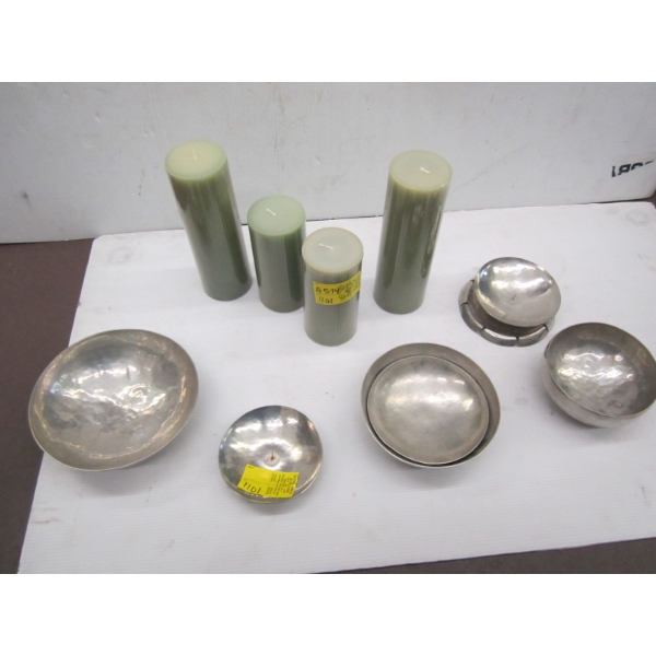 SET OF 4 CANDLES, SILVER HAMMERED BOWLS, ETC.