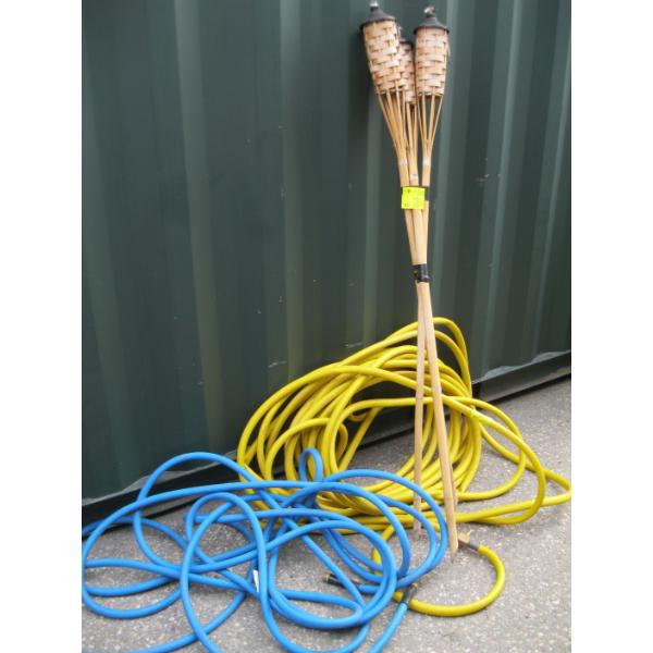 3 TIKI TORCHES & 2 ROLLS OF HOSE