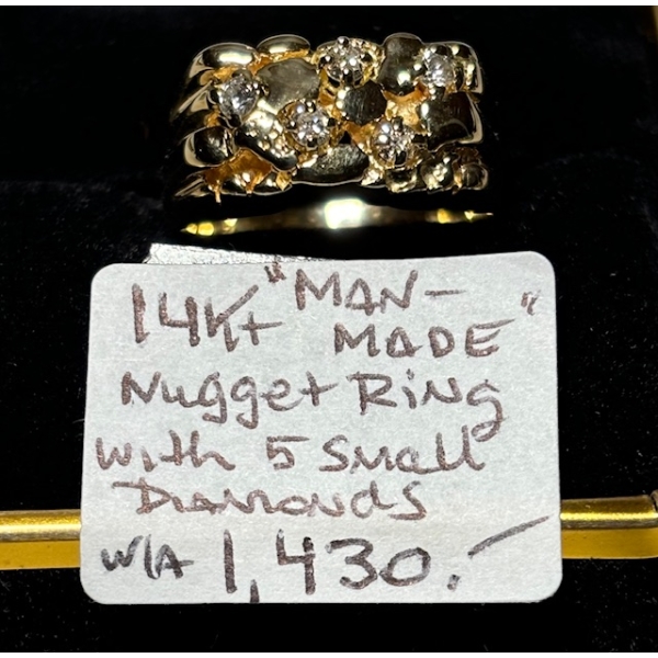 14KT MAN MADE NUGGET RING W/5 SMALL DIAMONDS, W/A $1,430, SZ 8