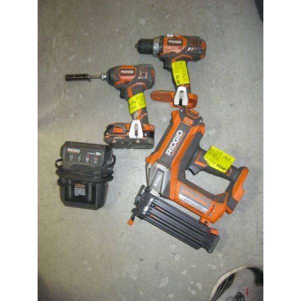 RIGID BRAD NAILER, DRILL & IMPACT DRIVER W/BATTERY & CHARGER