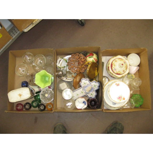 3 BOXES OF ASST. GLASSWARE, CHINA, ETC.