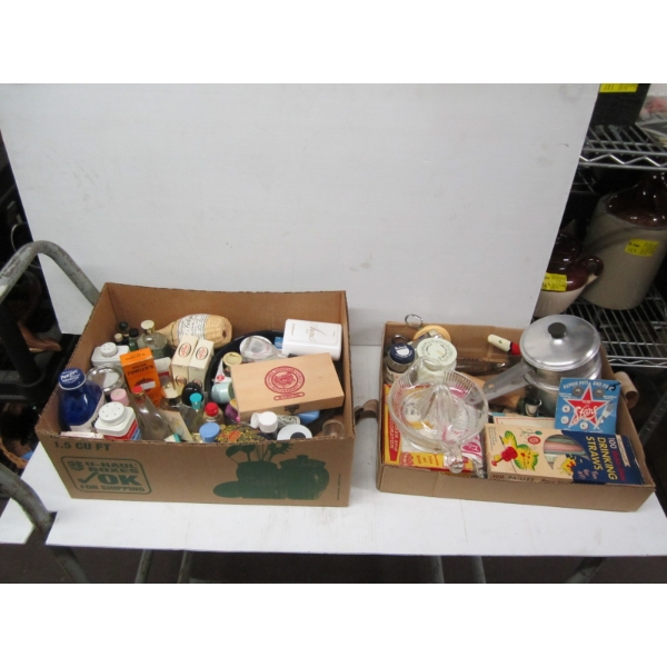 2 BOXES OF ASST. COLLECTABLE VINTAGE ITEMS - BOTTLES, TINS, UTENSILS, ETC.
