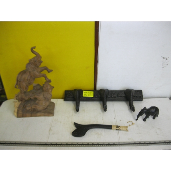 WOODEN ELEPHANT CARVING, ELEPHANT COATRACK HOOK, ETC.