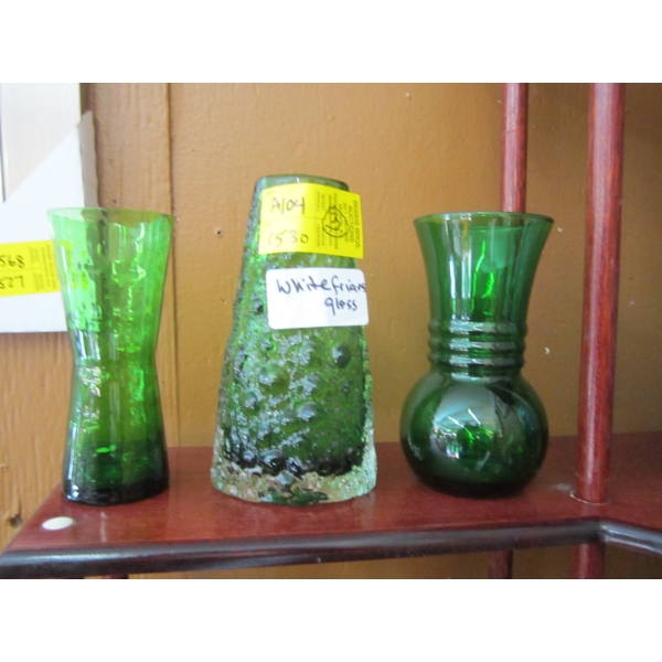 2 GREEN GLASS MCM VASES & WHITE FRIARS GLASS MCM VASE