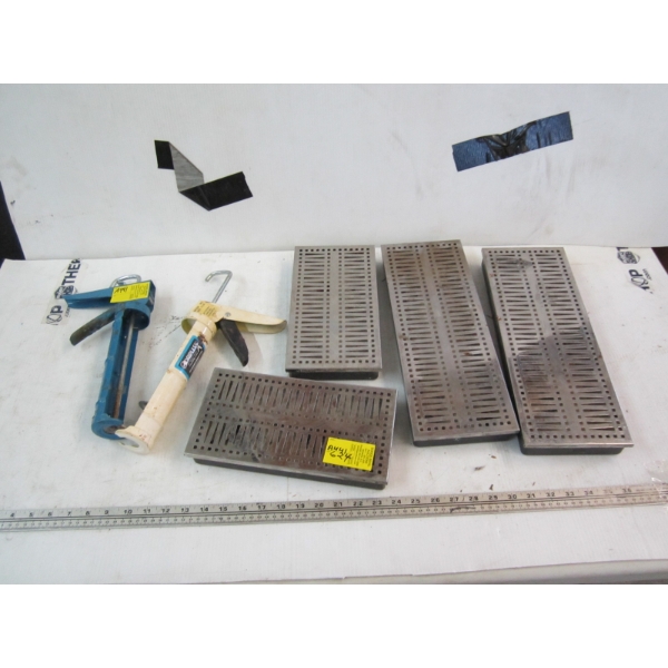 MISC. SIZED METAL CASES & 2 CAULKING GUNS