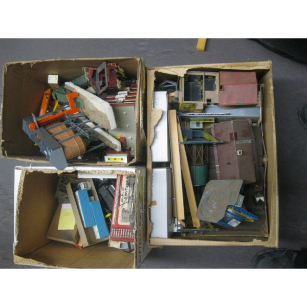3 BOXES OF MISC. BUILDINGS, TRANSFORMERS, ETC.