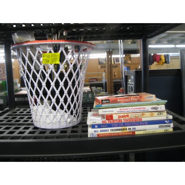 BASKET W/ASST. PAINTBRUSHES, PAINTING BOOKS, PAINTS, ETC.