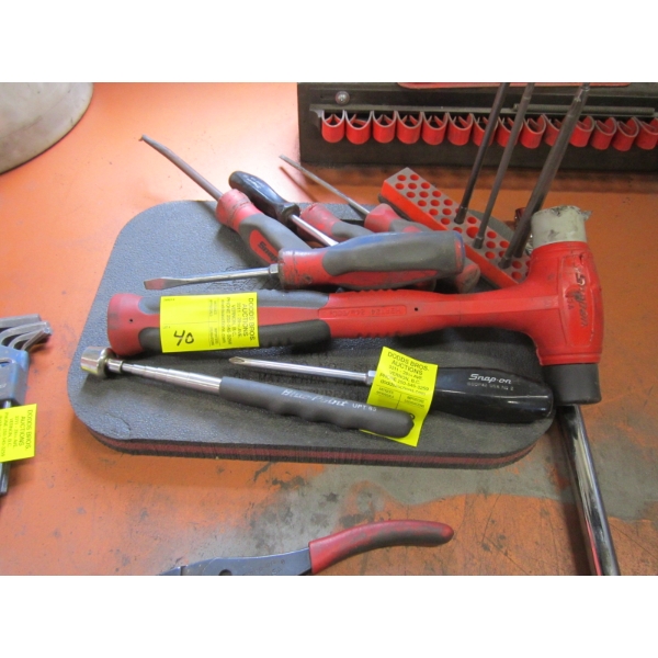 ASST. SNAP ON SCREWDRIVERS, HAMMER, PAD, BLUEPOINT MAGNET, ETC.