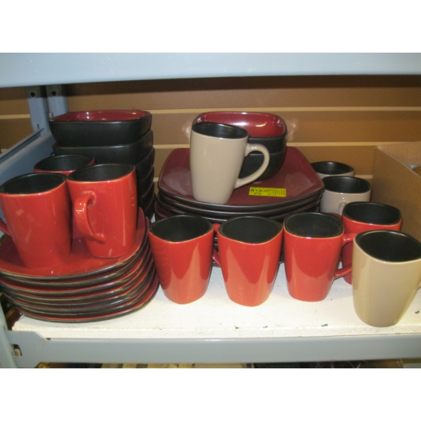 LG. RED & BLACK PLATE, BOWL & CUP SET W/4 GREY & BLACK MUGS