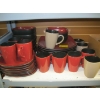 Image 1 : LG. RED & BLACK PLATE, BOWL & CUP SET W/4 GREY & BLACK MUGS