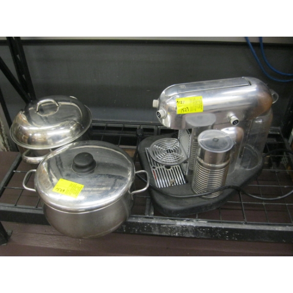 NESPRESSO COFFEE MACHINE & 2 STAINLESS STEEL POTS