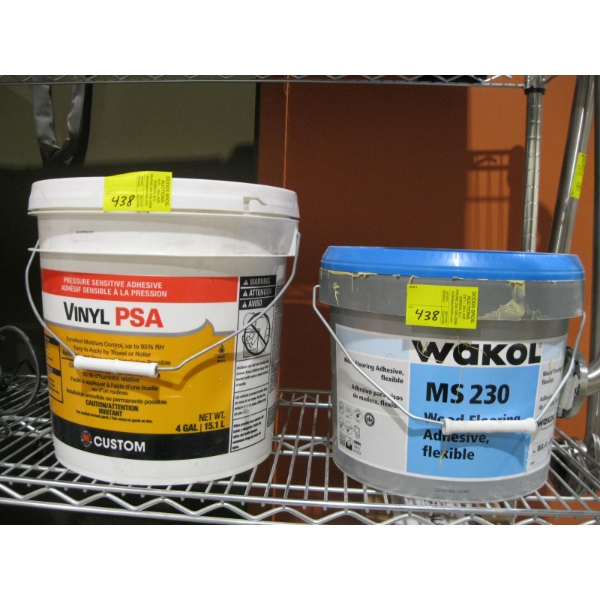 NEW PAIL OF PRESSURE SENSITIVE ADHESIVE VINYL PSA & PART CONTAINER OF MS230 WOOD FLOORING ADHESIVE