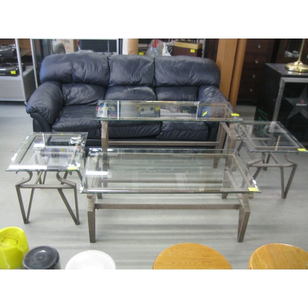 4 PIECE GLASS & METAL COFFEE, END TABLES & HALL TABLE
