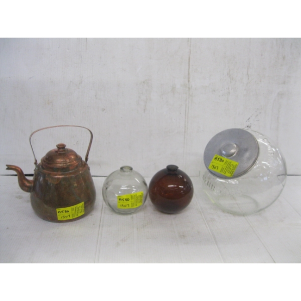 COPPER KETTLE, CANNISTER & 2 NET FLOATS