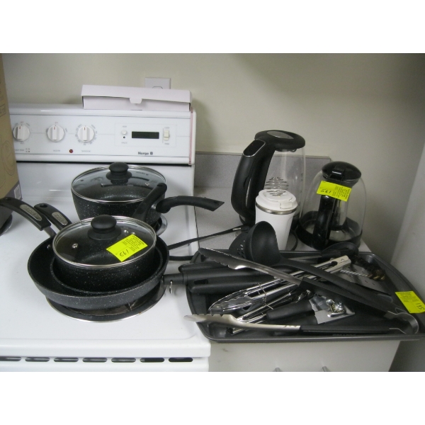 MISC. POTS, PANS, KETTLE, TEAPOT, UTENSILS, ETC.
