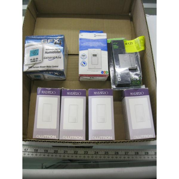 BOX W/ASST. NEW LIGHT SWITCHES, FURNACE BLOWER MOTOR CONTROL, ETC.