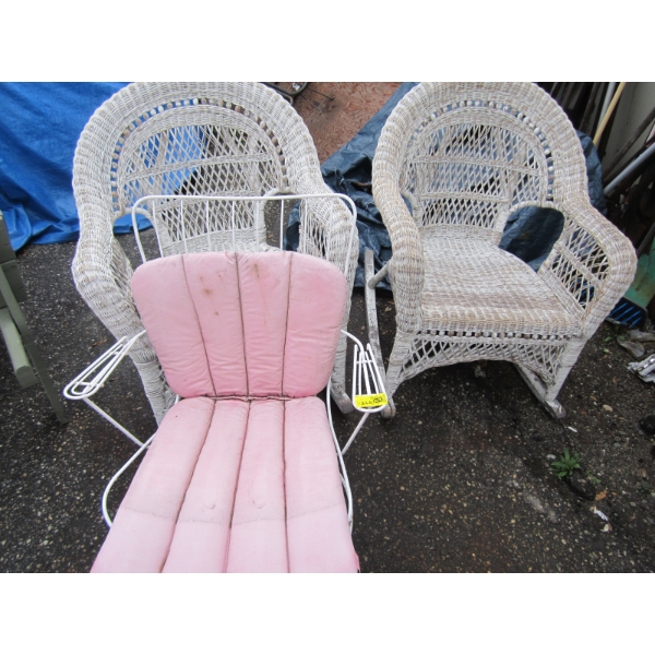 2 WICKER ROCKERS & A METAL SWIVEL CHAIR W/PINK CUSHION
