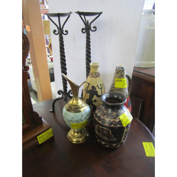 4 CERAMIC VASES & 2 METAL CANDLE STANDS