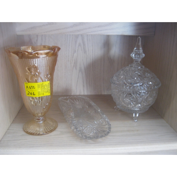 CARNIVAL GLASS VASE, LIDDED DISH & A CRYSTAL TRAY