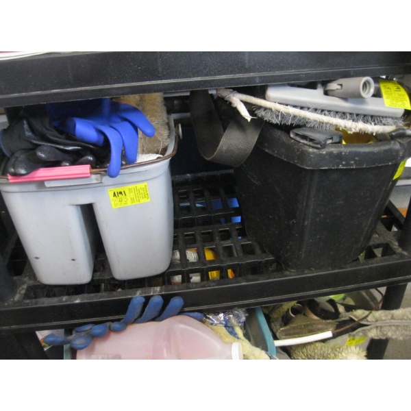 2 BUCKETS W/ASST. CLEANING ITEMS, EXTENSION HANDLE, ETC.