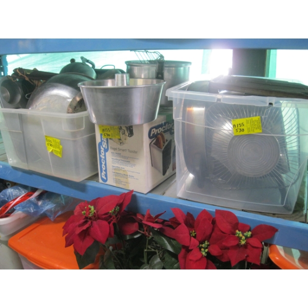 MISC. BAKING PANS, CAKE PANS, TOASTER, MIXING BOWLS, ETC.
