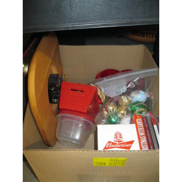 2 BOXES OF MISC. TINS, CDs, CHRISTMAS DECORATIONS, CLOCK, ETC.