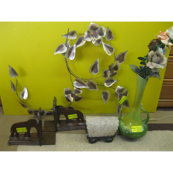 MISC. BOOKENDS, VASE, WALL HANGING, ETC.