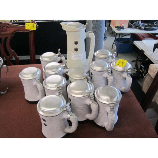 CARSTON WEST GERMAN DOMINO JUG & CUP SET W/BRUSHED SILVER LIDS