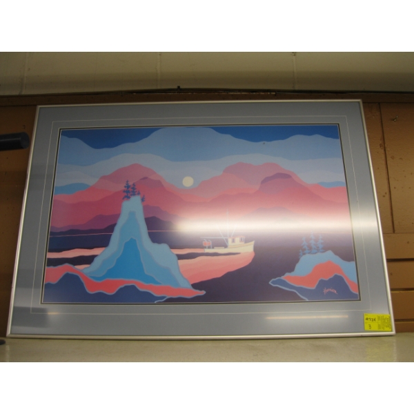 COLORFUL PRINT OF BOAT & MOUNTAINS BY HARRISON