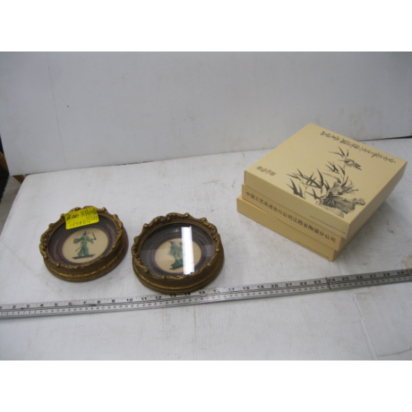 2 SMALL ROUND NEEDLEPOINT PICTURES & 3 ASIAN COLLECTOR PLATES