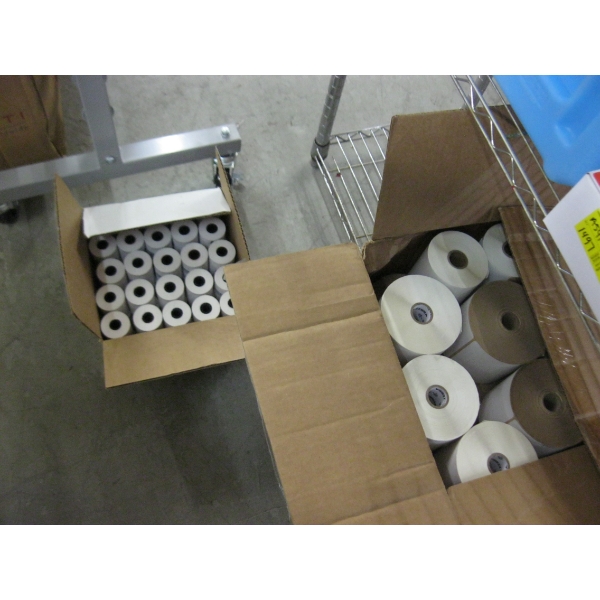 BOX OF ROLL STICKERS & BOX OF CASH REGISTER ROLLS